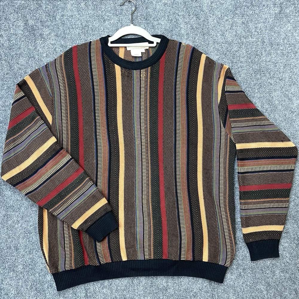 Vintage Norm Thompson Textured Knit Sweater Retro Colorful Striped Mens XL
